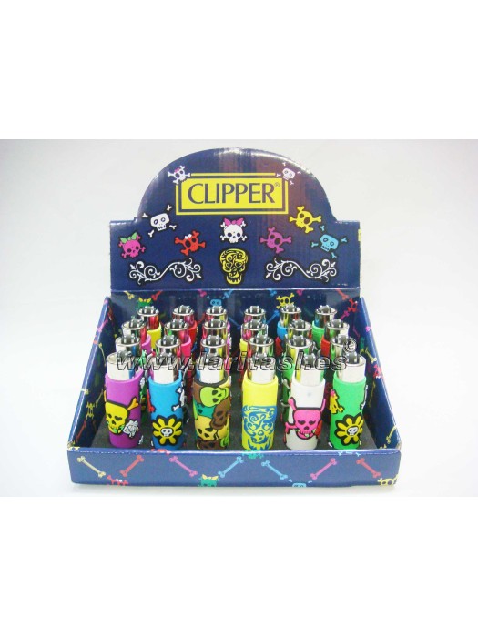 Mechero Clipper funda Silicona Calaveritas - rosa